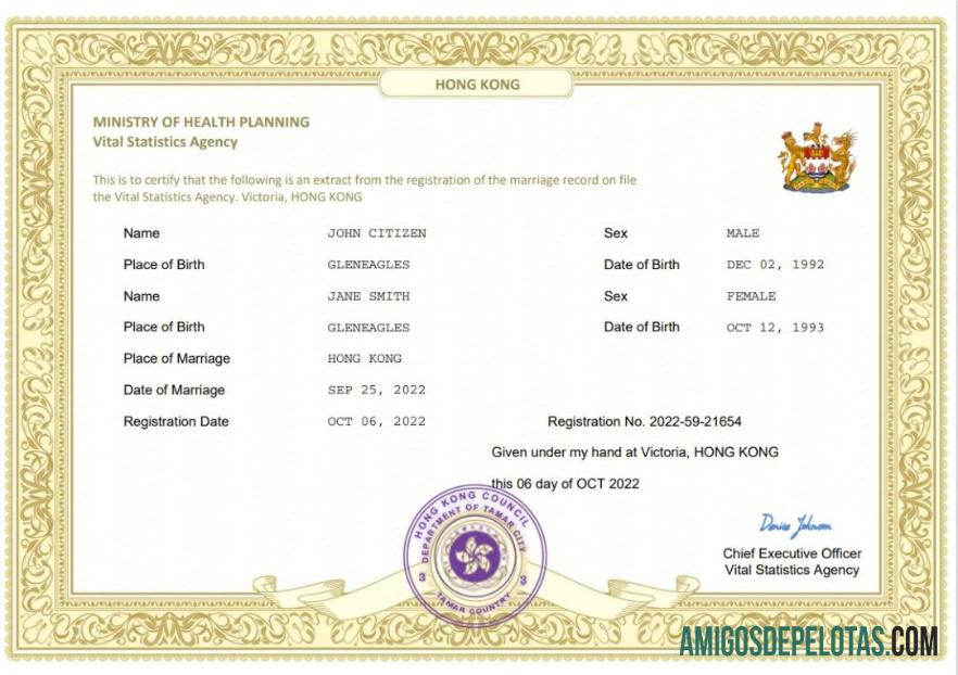 Realista modelo Word e PDF de certidão de casamento de Hong Kong